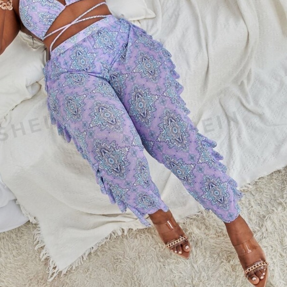 Shein Ruffle Swim in lilac and pink blue paisley print pants size 3XL tag size